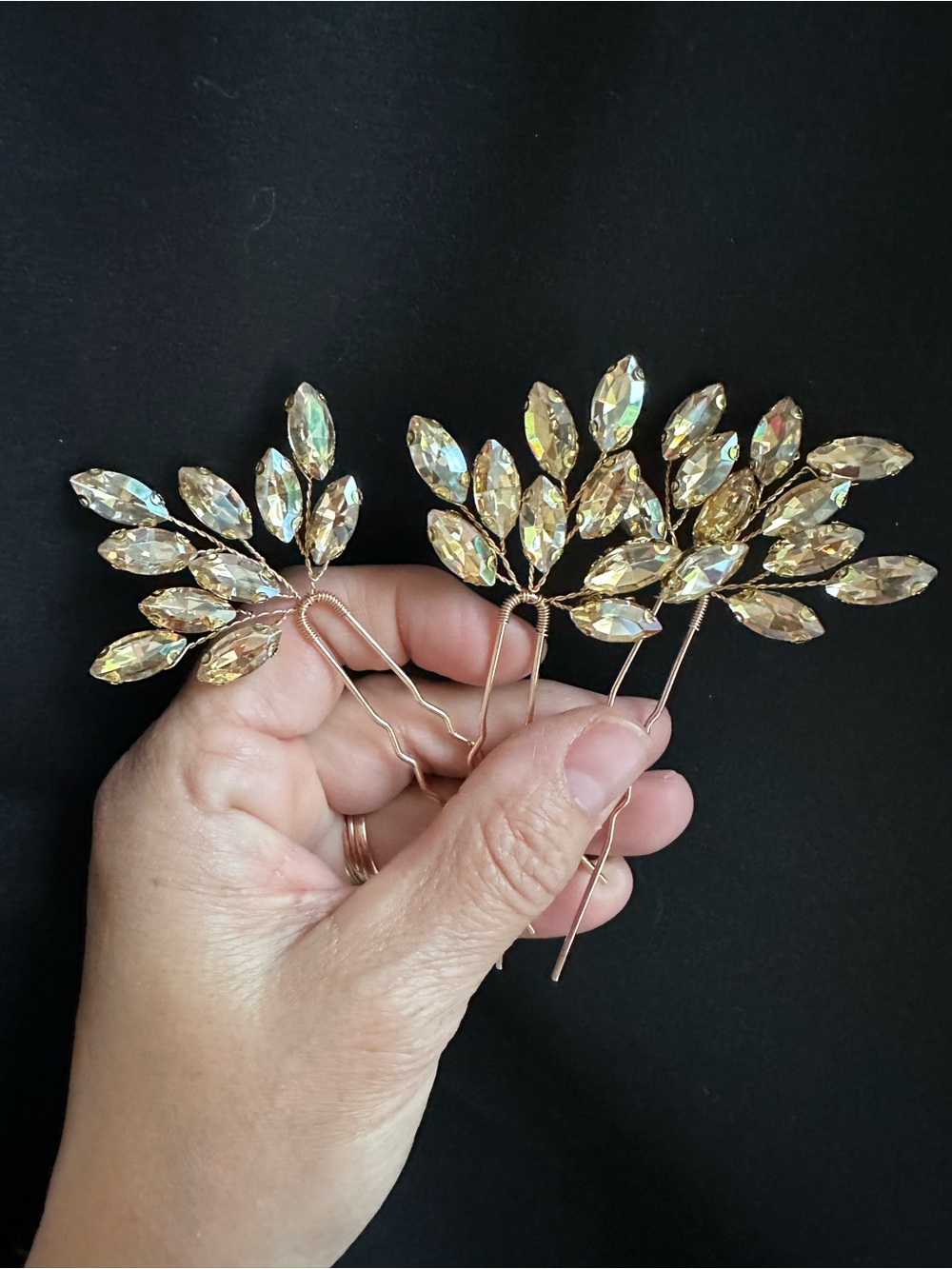 Gold Crystal Leaf Hair Pins set of 3 -new